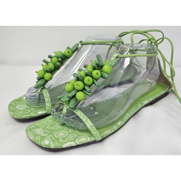 Schutz Sasha Beaded Boho Ankle Wrap Sandal Green Paisley Size 11B NEW - Picture 1 of 9